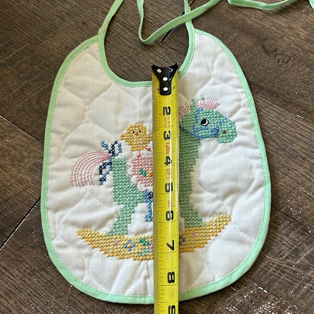 Vintage Handmade Quilted Baby Bib Cross Stitch Rocking Horse Chick‎ Mint Green